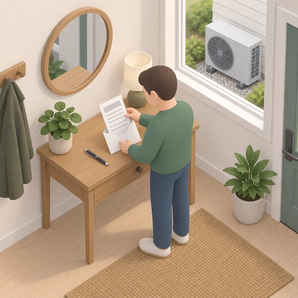 A printed guarantee document lying on a hall table beside a pen, with a small isometric figure of a homeowner posting it into an envelope, an outdoor air source heat pump unit visible through a nearby window.