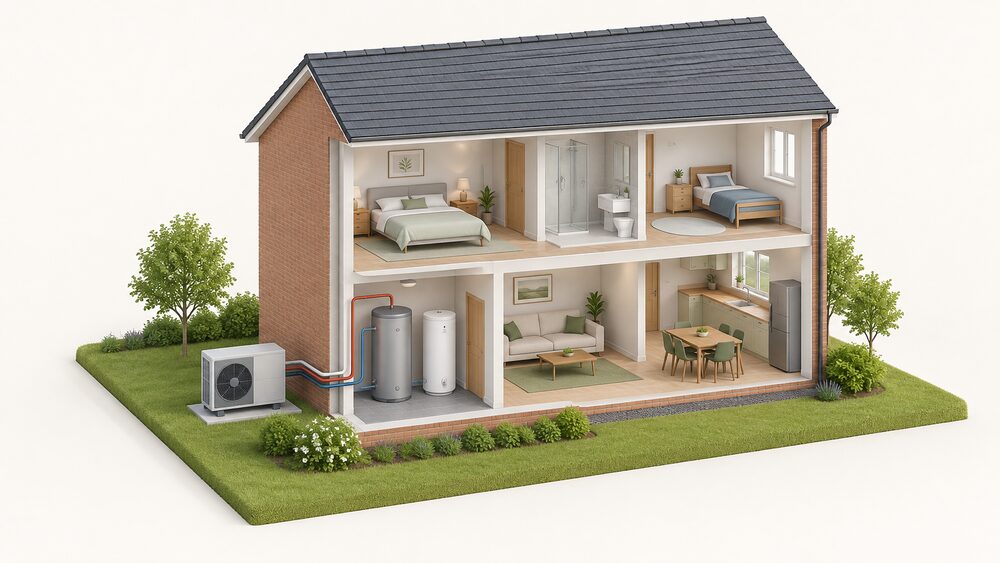 A cutaway house showing an air source heat pump fan unit standing outside on the ground, connected by insulated pipework through the wall to an insulated buffer tank indoors in a utility space, with flow pipe entering the top of the tank and return pipe leaving the bottom, and a separate hot water cylinder nearby.