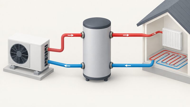 A simplified isometric diagram of a buffer tank with four pipes: on one side the heat pump's flow pipe entering at the top and return pipe leaving at the bottom, and on the other side the secondary heating circuit's flow leaving at the top and return entering at the bottom.