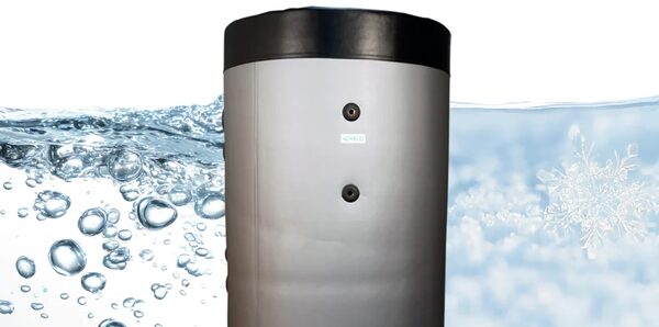 A large cylindrical buffer vessel water tank shown against a stylised water and ice background