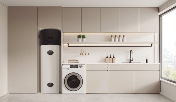 A white cylindrical hot water cylinder installed in a modern utility room next to a washing machine and sink