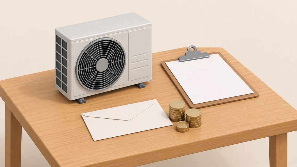 A small model of an air source heat pump unit standing on a wooden table beside a blank application form on a clipboard, a blank voucher envelope and a small stack of coins, with nothing else in the scene.