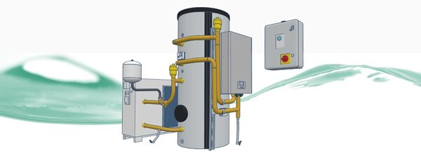 A product illustration of a heat pump hot water cylinder with connected pipework, expansion vessel and control box