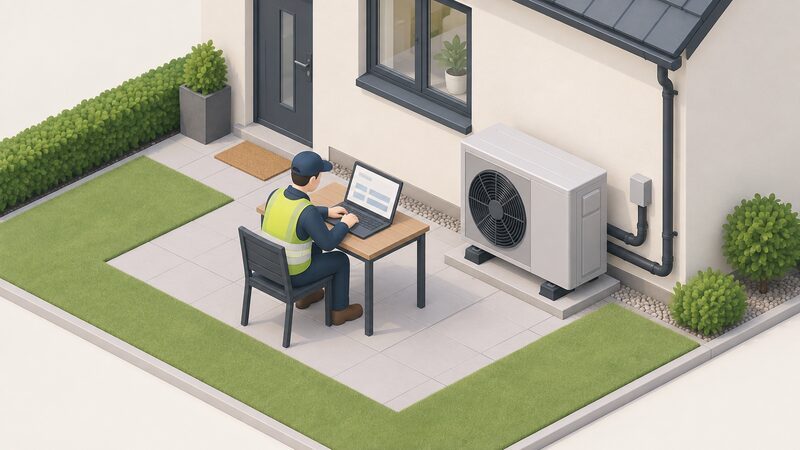 An installer sits at a laptop beside a newly commissioned air source heat pump outside a house, completing the MCS certificate on screen as a physical object in the setting, with the outdoor unit connected to the property wall.