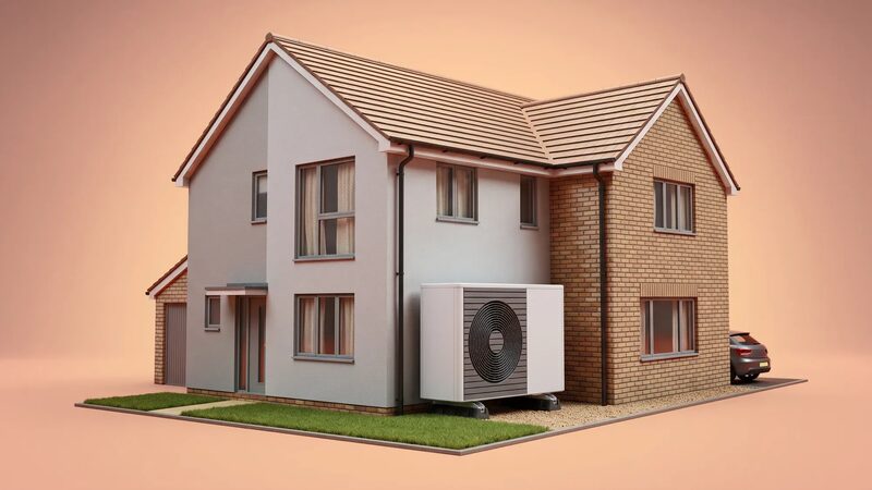 A 3D render of a two-storey house with an air source heat pump unit installed on its side wall