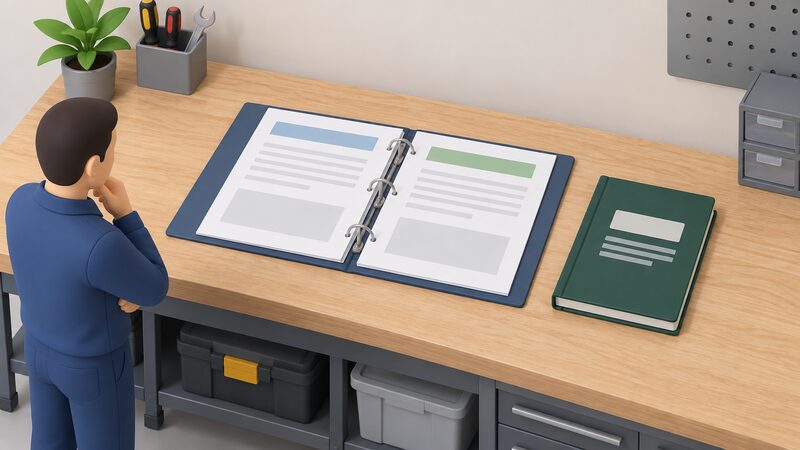 A printed heat pump manual and a conformity declaration, both shown as physical documents with blank lines and plain blocks instead of readable text, lie side by side in an open file on a workbench next to a benchmark logbook.