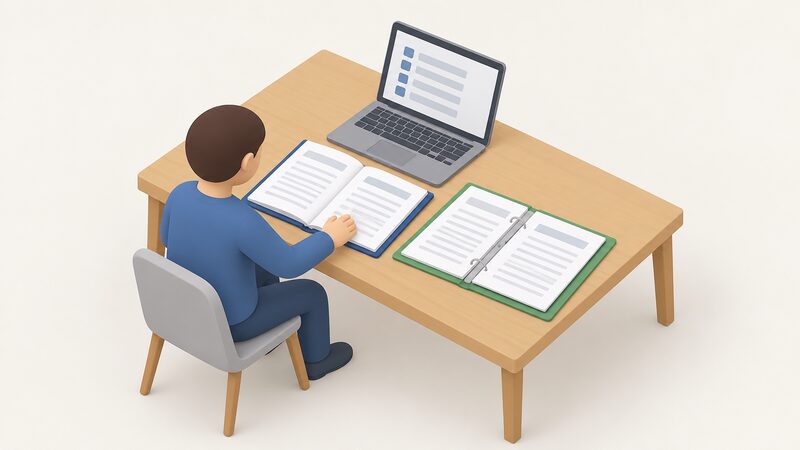 A domestic table with an open fault log book and a commissioning record folder lying side by side, beside an open laptop whose screen shows a plain list of fault code entries as blank line blocks, with a simplified isometric figure reaching for the fault log.