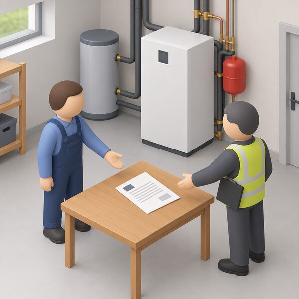 A declaration of conformity document lying flat on a wooden table beside a ground source heat pump indoor unit, with a simplified figure of an installer or building control officer standing nearby holding out a hand for the paperwork.