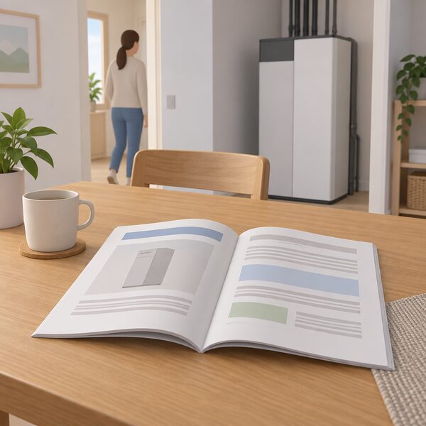 A printed heat pump manual lying open on a wooden table in a home, its pages shown with plain blank lines and simple blocks instead of readable figures, beside a closed ground source heat pump unit in the background.