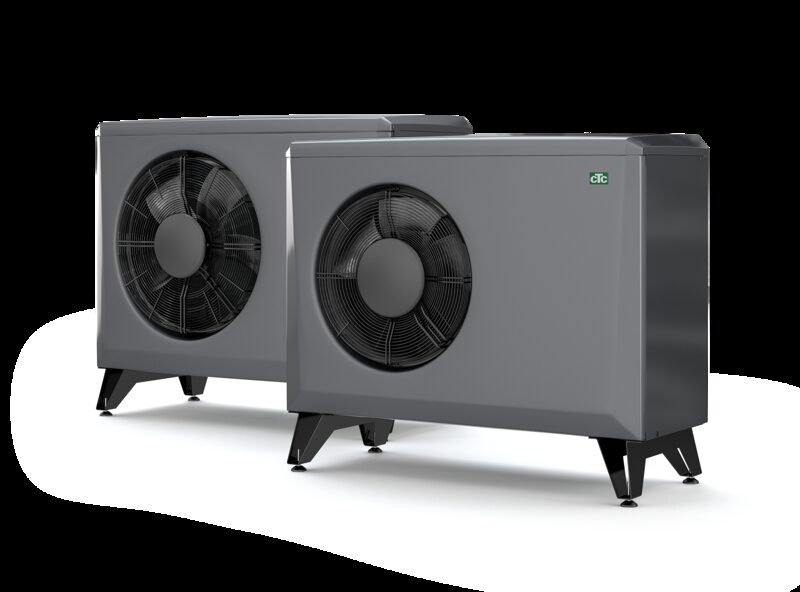 Two grey CTC EcoAir 400 air source heat pump outdoor units shown on a white background