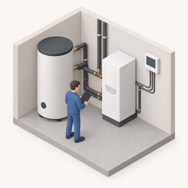 An indoor plant room scene showing a buffer tank standing beside a heat pump indoor unit, both connected by insulated pipework and wired to a wall-mounted EcoLogic control panel, with a simplified isometric figure checking the connections.