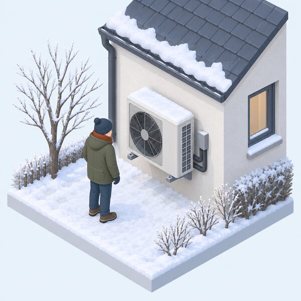 An air-source heat pump outdoor unit mounted on an exterior house wall in frosty winter weather, with frost on the ground and bare trees behind, a small isometric figure in a coat standing beside it checking the unit is running normally.