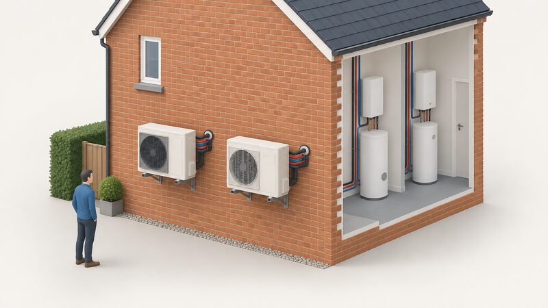 A simplified isometric view of a UK house side wall with two wall-mounted air source heat pump outdoor units side by side, one Daikin Altherma style and one Mitsubishi Ecodan style, each with refrigerant and water pipework running through the wall toward an indoor cylinder or hydrobox.