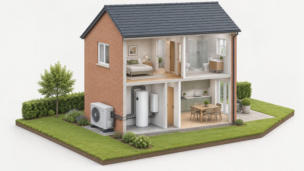 A cutaway of a small house showing an air source heat pump outdoor unit standing on the ground against the outside wall, connected by pipework through the wall to an indoor hot water cylinder with a hydrobox in the utility space.