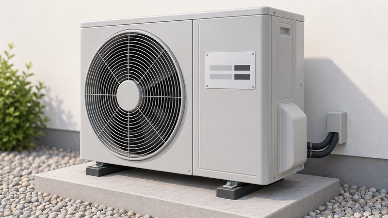 A close-up view of the side panel of a heat pump outdoor unit with a rating plate fixed to it, showing the refrigerant type and charge weight as blank lines and plain blocks so no real figures are readable.
