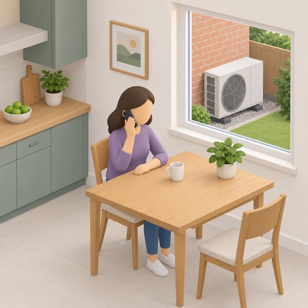 A homeowner sits at a kitchen table telephoning a helpline on a mobile phone, with an outdoor air source heat pump unit visible through a window behind them and the phone held to their ear mid-call.