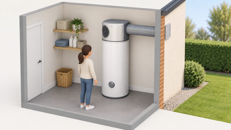 A tall hot water cylinder standing in a home utility space with an air source heat pump unit mounted on its flat top, connected by a large air duct that runs from the unit to an outside wall, drawn as a simple cutaway product illustration.