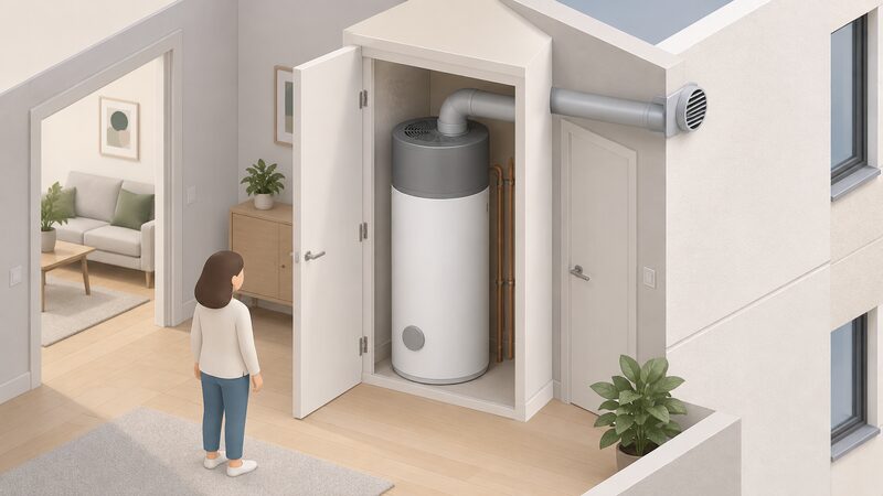 A small isometric apartment utility cupboard containing a hot water heat pump cylinder with a short duct running from the top of the unit through the cupboard wall to the outside, with no outdoor wall unit anywhere in the scene.