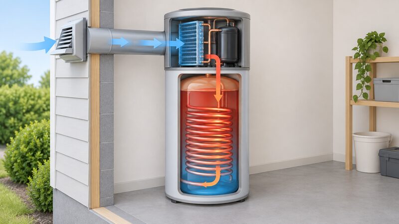 A cutaway diagram of a ducted hot water heat pump unit mounted on top of a water cylinder, showing outside air drawn through a wall duct terminal into the evaporator, the compressor, and a coil inside the cylinder heating the water.