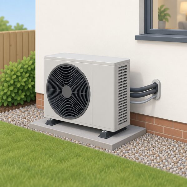 A single air source heat pump outdoor unit on a level base beside the outside wall of a house, with refrigerant pipework and electrical cable running through the wall, drawn plainly so the machine itself is the focus.