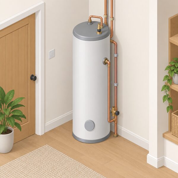 A tall hot water cylinder standing indoors against a wall in a home, shown as a simple isometric scene with its insulated body, pipework and connections visible, with no other equipment or people in the picture.