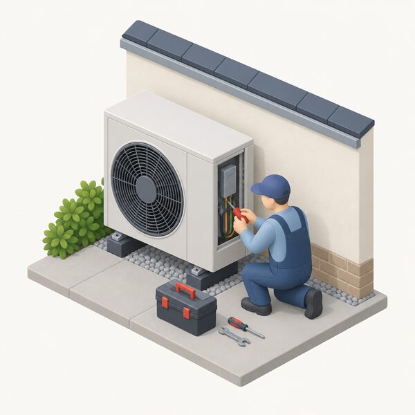 A small simplified isometric figure of an installer in plain work clothing kneeling beside an outdoor air source heat pump unit on a house wall, holding a tool and working on the open service panel, with a small toolbox on the ground nearby.