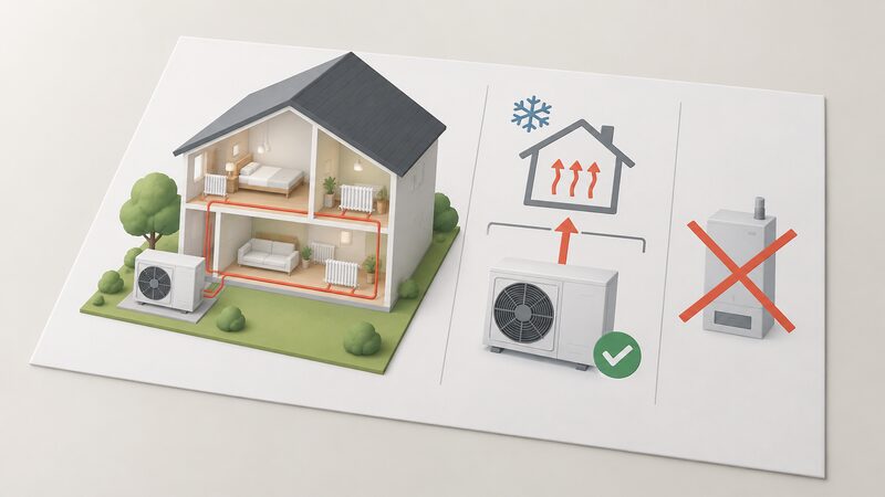 A compliance diagram on a printed sheet showing a house with a heat pump sized against a design-day heat loss calculation, with a crossed-out secondary heater to show no reliance on backup heating under Approved Document L.