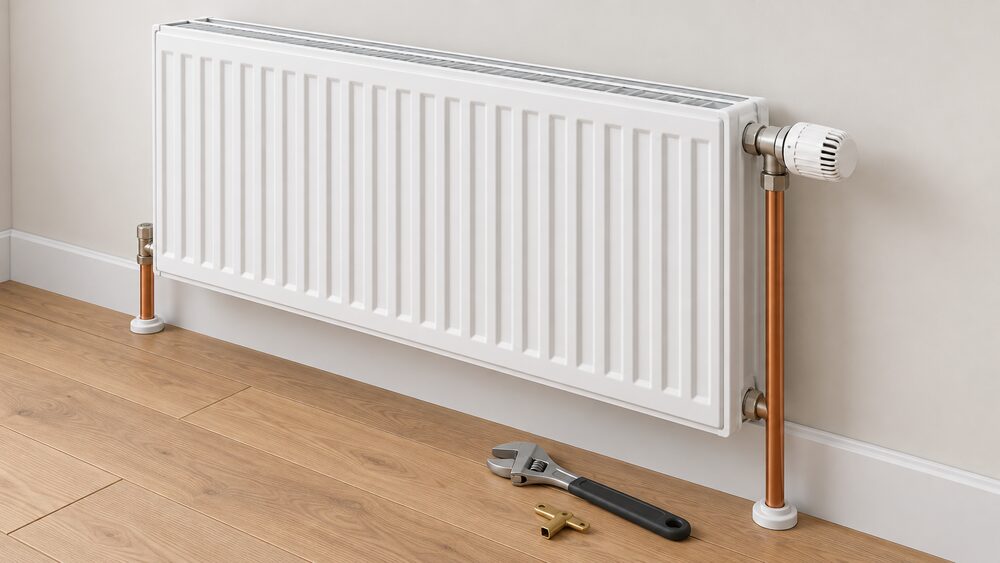 A close-up of a large double-panel radiator on an interior wall, fitted with a thermostatic radiator valve at one end and copper pipework rising from the floor, with a spanner and radiator key resting nearby.