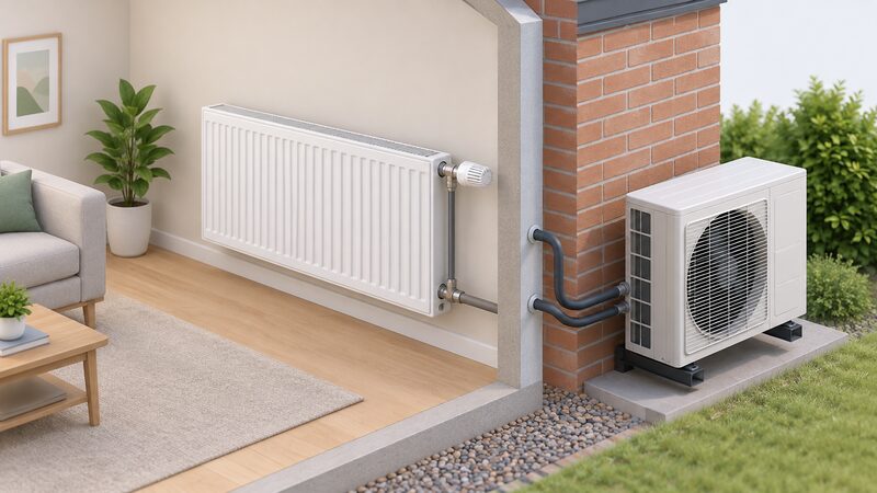 A new double panel radiator with a thermostatic radiator valve on its flow pipe inside a room, connected by pipework through the wall to a heat pump outdoor unit on the exterior wall outside.