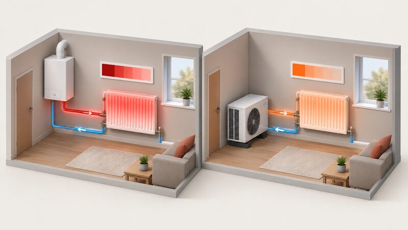 A side-by-side diagram of two identical wall radiators in matching rooms, one fed by a boiler with hot red water glowing strongly warm, the other fed by a heat pump with cooler orange water glowing less warmly, each heat source connected by visible flow and return pipes, with plain colour temperature bands and blank label blocks distinguishing the two systems.