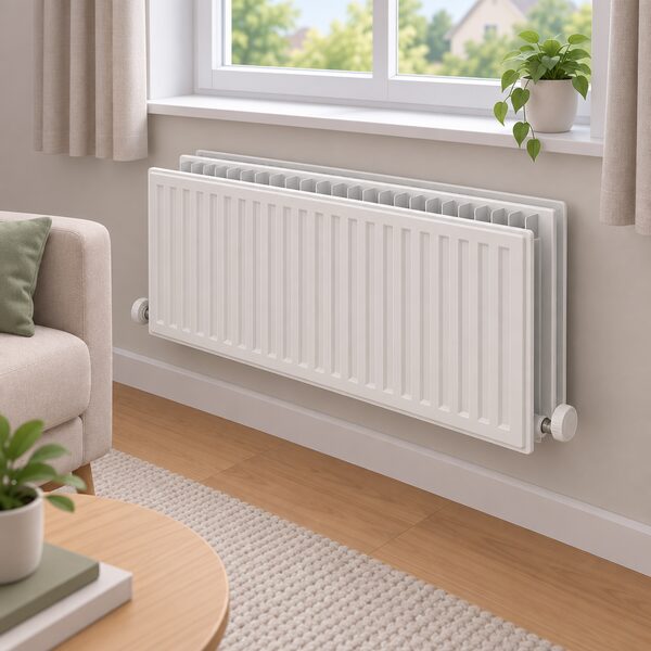 A large double panel radiator mounted on a living room wall beneath a window, drawn in a simple cutaway room view so its two panels and greater depth are clearly visible against the wall space it occupies.