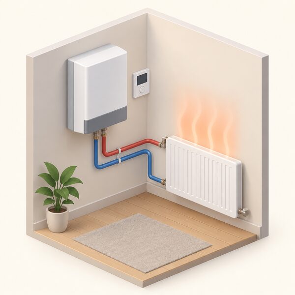 A cutaway room corner showing a wall-mounted heat pump indoor unit with a control panel beside a standard radiator, both connected by pipework, with gentle heat glow rising from the radiator to show the heat comes from the heat pump system.