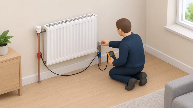 A simplified isometric installer kneeling beside a wall radiator, one hand turning the lockshield valve at its end while holding a differential thermometer with probes clipped to the flow and return pipes, in a plainly furnished room during commissioning.