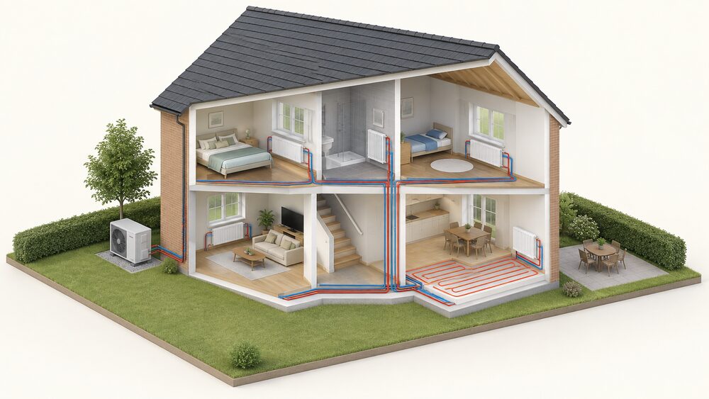 A cutaway house showing the whole heating system: an air source heat pump unit standing outside on the ground at the rear wall, pipes entering the building, and radiators on the walls of several rooms with one room's floor shown as an underfloor heating loop, all connected so water flows to every emitter.