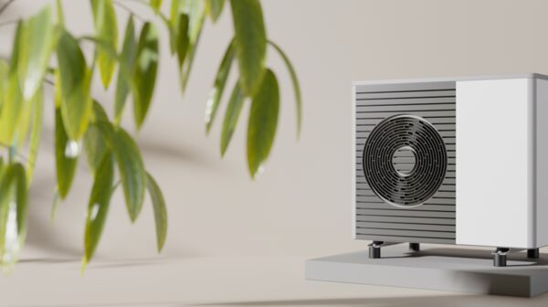 A white air source heat pump outdoor unit with a circular fan standing on a plinth beside a leafy houseplant