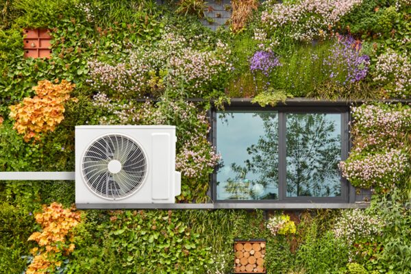 A white air source heat pump unit mounted on a wall covered in lush green planting beside a window