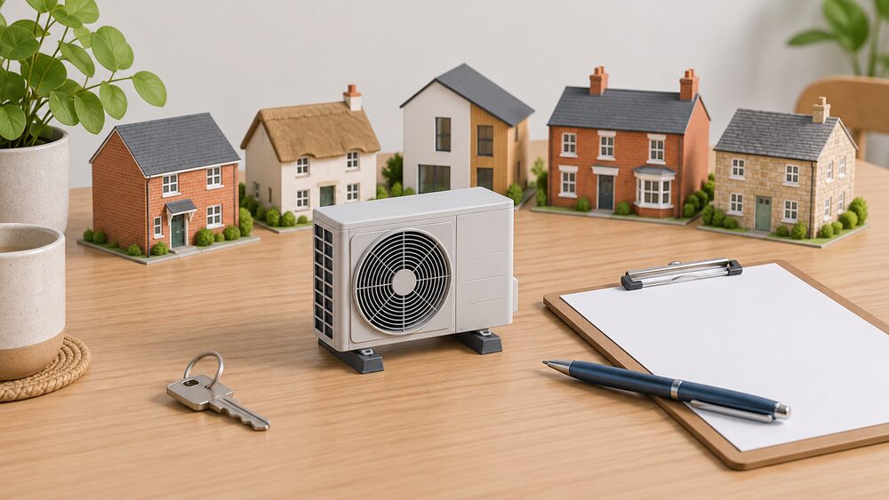 A small model of an air source heat pump outdoor fan unit stands on a kitchen table beside a blank survey clipboard, a pen and a house key, with a row of small toy houses of different styles behind them.