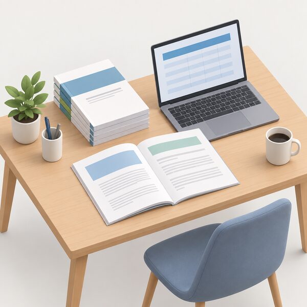 A tidy desk or table with a small stack of printed project reports, plain covers with blank colour bands and lines, one report open beside a laptop showing a plain dataset screen, no readable words or numbers.