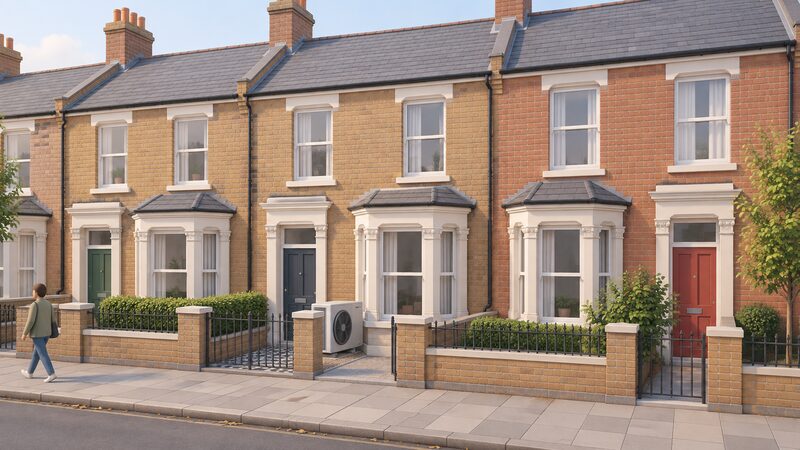 A row of Victorian mid-terrace houses seen from the street, with an air source heat pump unit standing at ground level beside the front wall of one home, showing how tightly the equipment fits in the narrow front space of a terraced property.