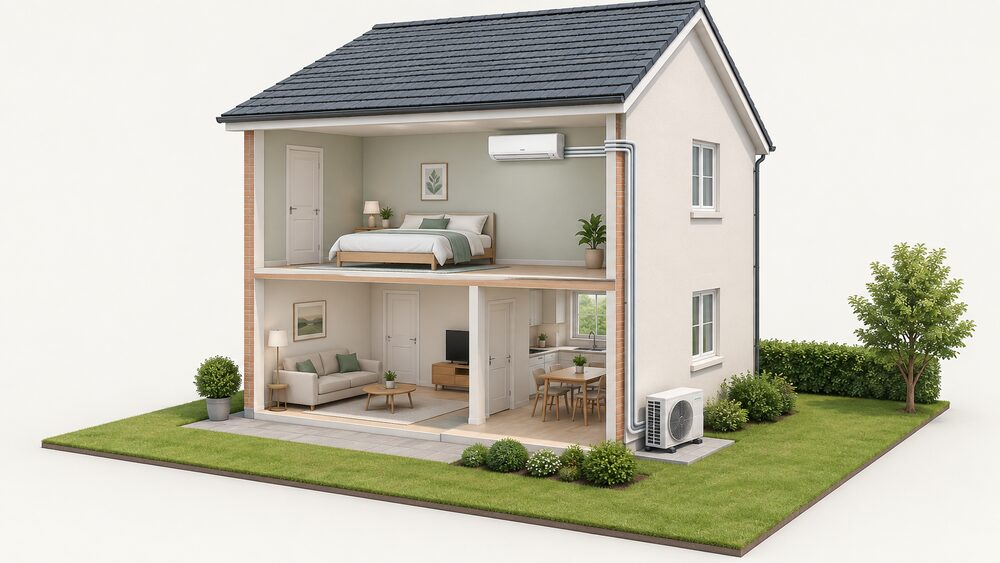 A cutaway house exterior showing one white indoor air-conditioning head mounted high on an interior room wall, refrigerant pipework passing through the external wall to a single outdoor fan unit standing on a firm level mounting outside with clear airflow around it.