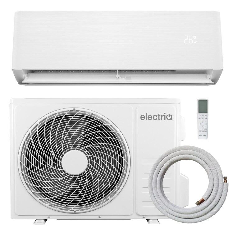 An electriQ split air conditioning heat pump shown as indoor wall unit, outdoor condenser, remote control and coiled refrigerant pipe on a white background