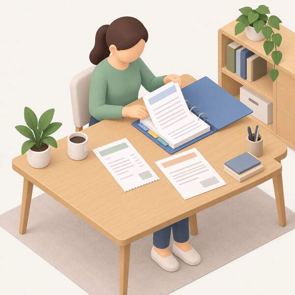 A householder at a home desk filing a folder of split-unit paperwork, with a receipt-style proof of purchase sheet and a commissioning record sheet laid out beside the folder, all shown as physical documents with blank lines and plain blocks instead of readable content.