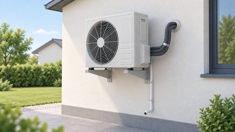 A wall-mounted outdoor condenser unit fixed on a metal bracket beside a house's external wall, with insulated refrigerant pipework running into the wall, a condensate drain pipe below, and clear open space around the fan grille.
