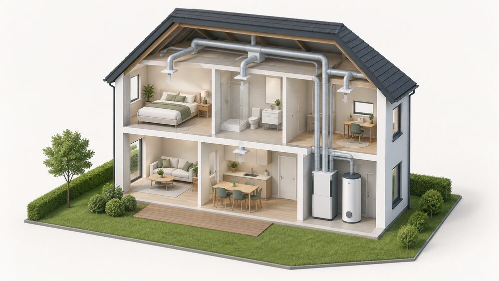 A cutaway of a small airtight house showing a single exhaust air heat pump unit indoors near an exterior wall, connected by ducts running above the ceiling to rooms, with a hot water cylinder standing beside it inside the house.
