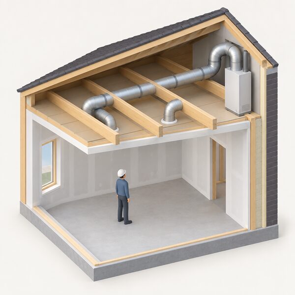 A cutaway view of a new-build home ceiling void showing round ventilation ducting running between joists above the ceiling, connected toward an exhaust air heat pump unit positioned close to an exterior wall.
