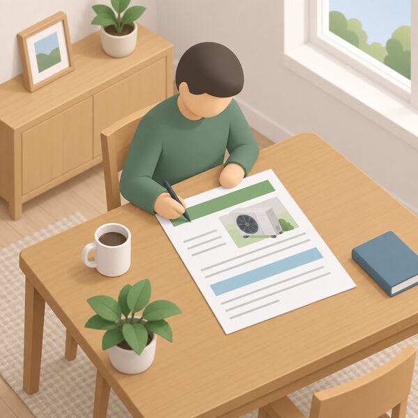 A grant application document for a Boiler Upgrade Scheme air source heat pump installation lying on a table beside a small isometric figure, with blank lines and plain colour bands standing in for the £7,500 grant details.