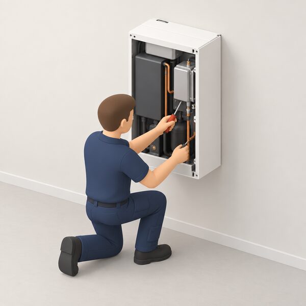 A registered installer in plain work clothing kneels beside an exhaust air heat pump unit mounted indoors against a utility room wall, front panel removed, using a hand tool on the internal components during an annual service.