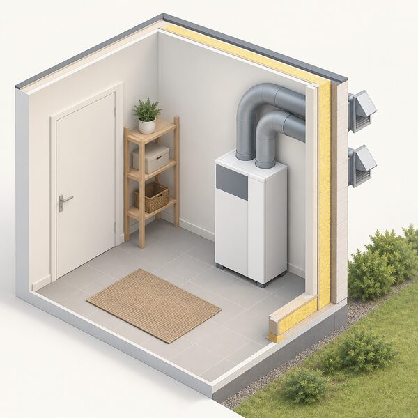 A single exhaust air heat pump unit mounted indoors against an exterior wall of a simply drawn airtight room, with ducts running from the unit through that wall to outside, shown as a cutaway with no people.