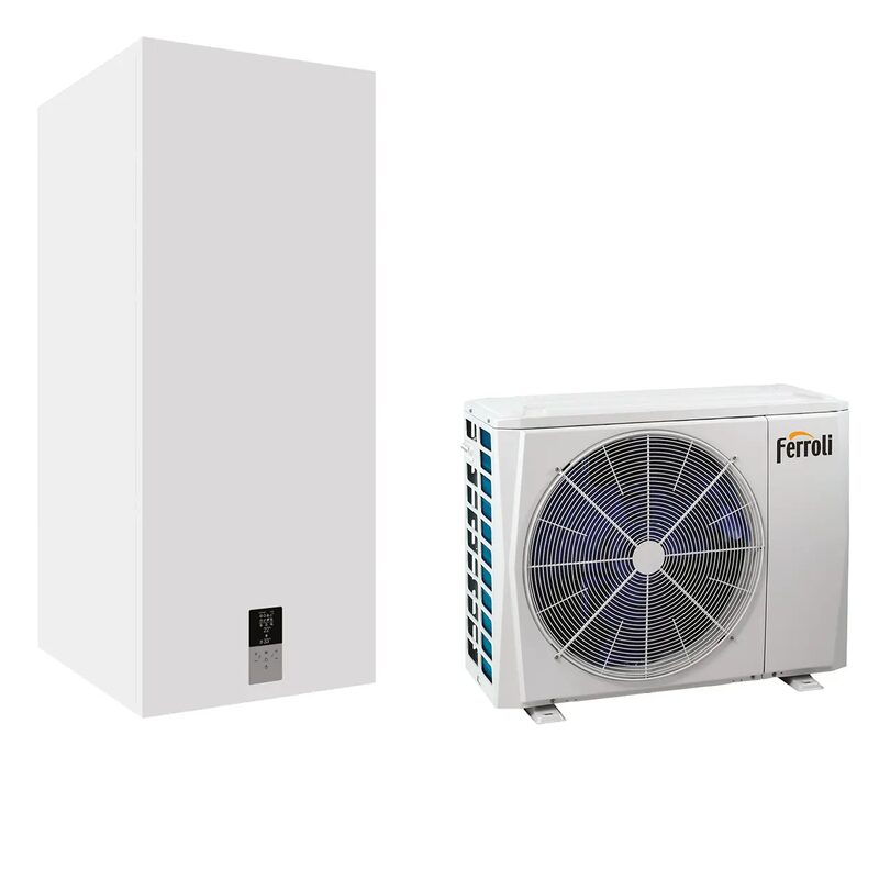 A Ferroli OMNIA SW-T split heat pump shown as an indoor white cylinder unit and outdoor fan unit on a white background