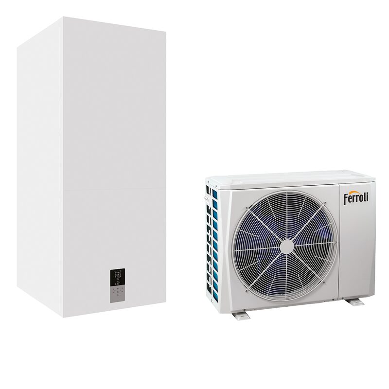 A Ferroli OMNIA split heat pump shown as an indoor white cylinder unit and outdoor fan unit on a white background